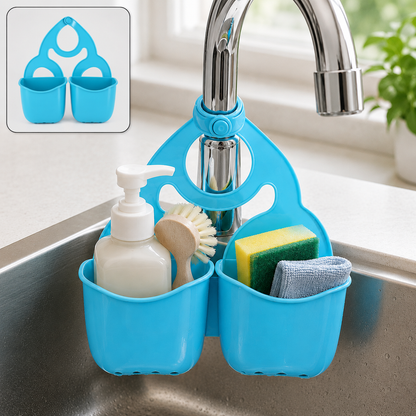 Blue plastic sink caddy holding soap, brush, sponge, and cloth on a stainless steel sink faucet.