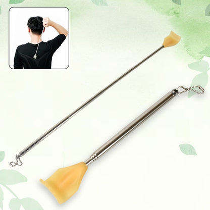 Two silver telescoping back scratchers with yellow hand-shaped heads, one extended and one retracted, against a green leafy