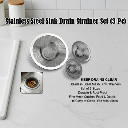 Three stainless steel mesh sink strainers on a white countertop with text describing product features.