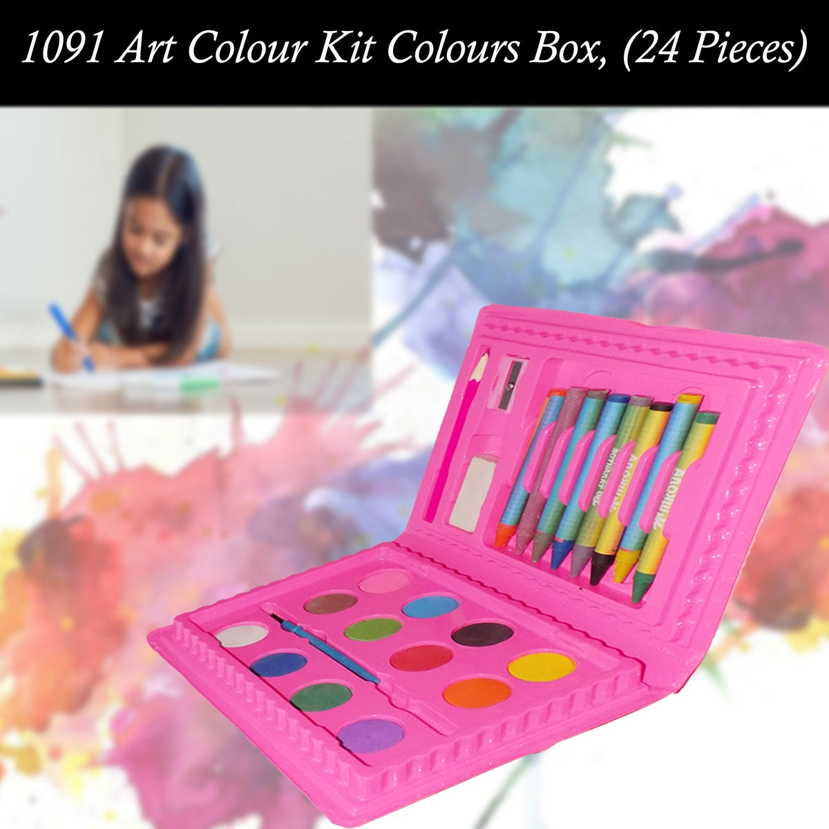 School Colour Box for Kids with Crayons, Watercolours and Pencil (24 Pc Set)