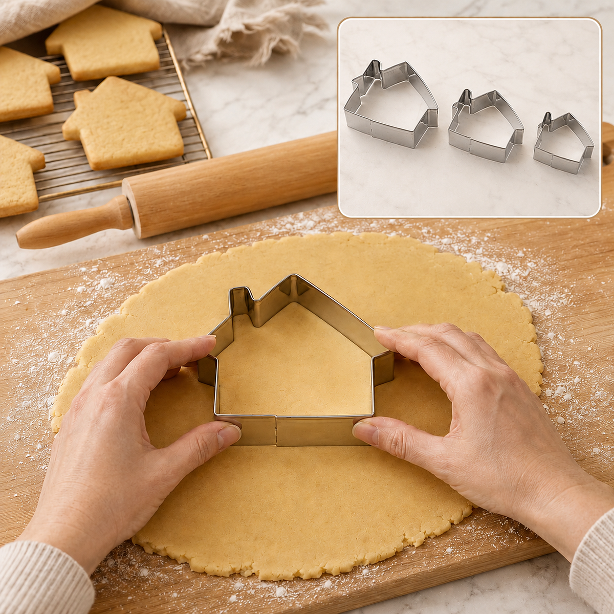 Hands pressing a large house-shaped cookie cutter into dough on a wooden board, with baked cookies and a rolling pin nearby.