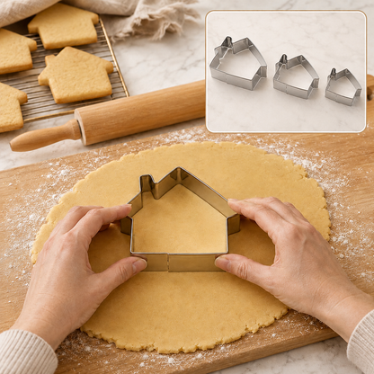 Hands pressing a large house-shaped cookie cutter into dough on a wooden board, with baked cookies and a rolling pin nearby.