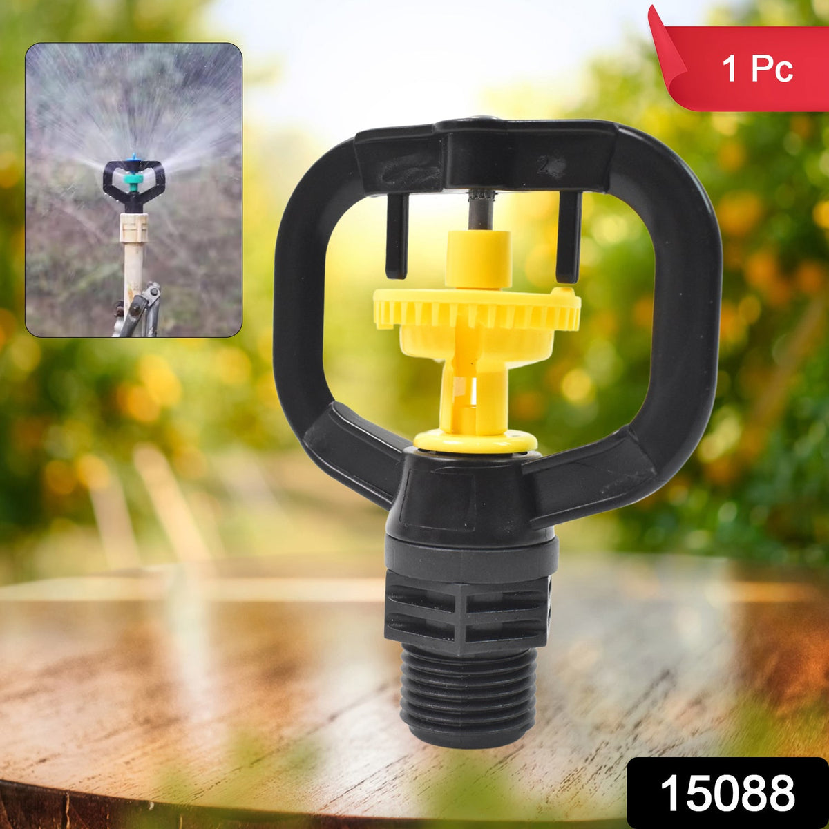 A black and yellow sprinkler nozzle with a small inset image of it spraying water.