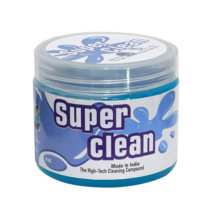 A closed jar of "Super Clean" blue cleaning compound with a white lid is displayed on a white background.