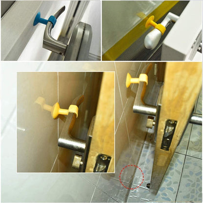 A yellow silicone door stopper is shown in four different applications on door handles and protecting a wall from a door.