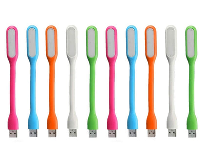 Ten flexible USB LED lamps in various colors including pink, blue, orange, white, and green arranged in a row.