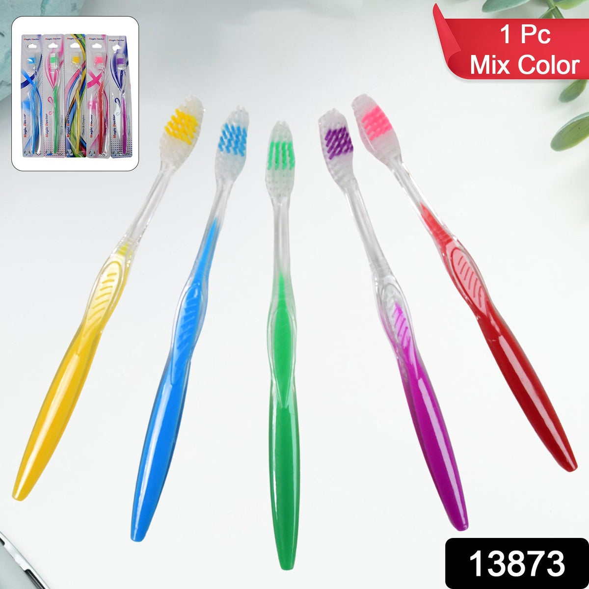 Five colorful toothbrushes with clear handles are fanned out, with a small inset showing packaged toothbrushes.