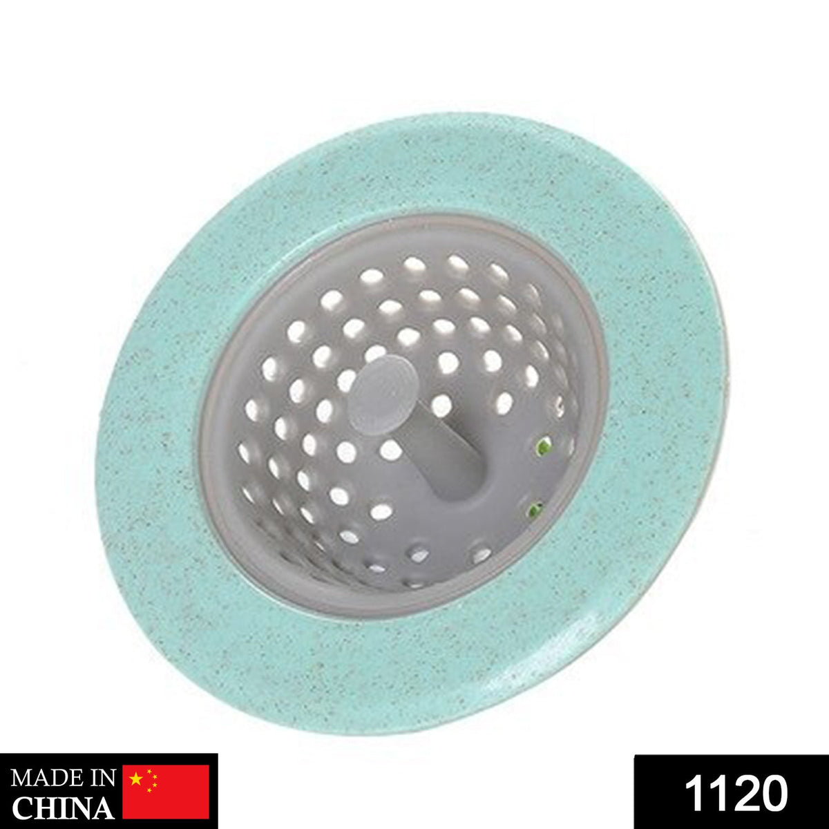 A mint green and gray sink strainer is shown from above, with a "Made in China" label and number "1120".