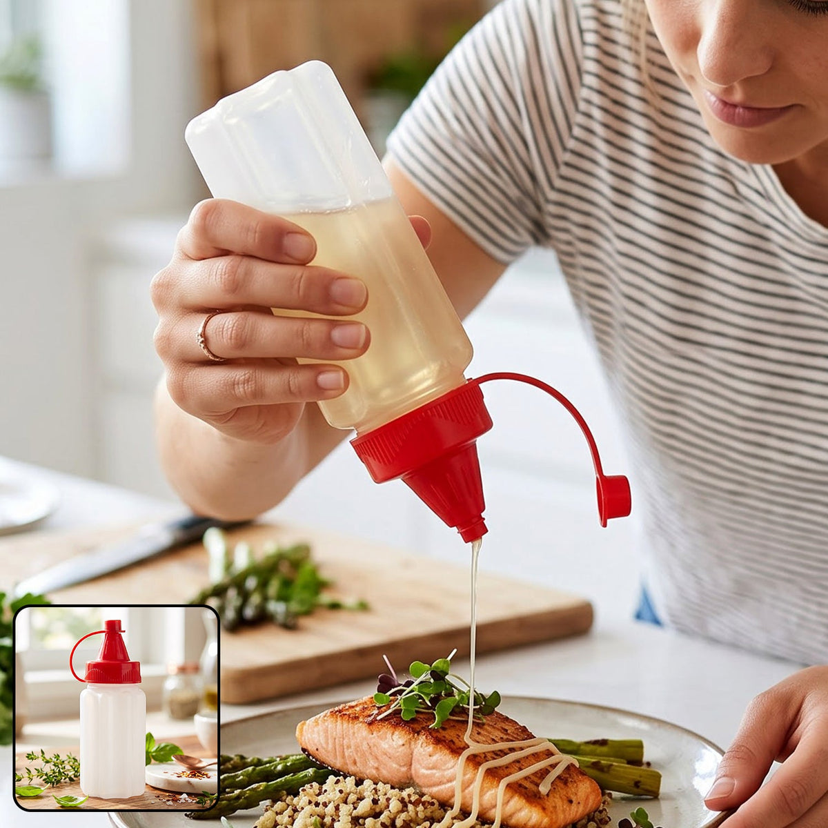 A person drizzles oil from a clear plastic squeeze bottle with a red cap onto salmon and asparagus. – view 8