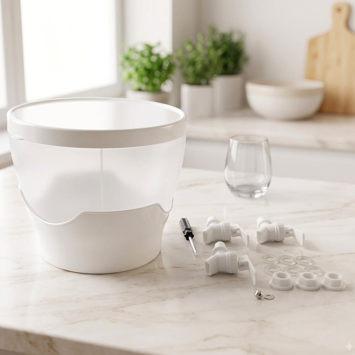 Components of a white plastic beverage dispenser, including the main body, taps, seals, and a small screwdriver, are laid