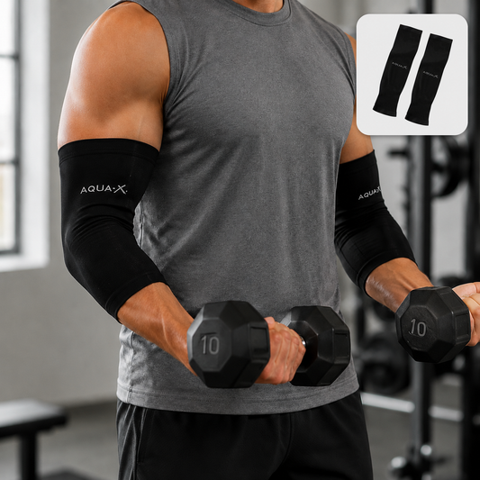 A man wearing a grey t-shirt and black compression sleeves lifts dumbbells in a gym, with a small inset of the sleeves.