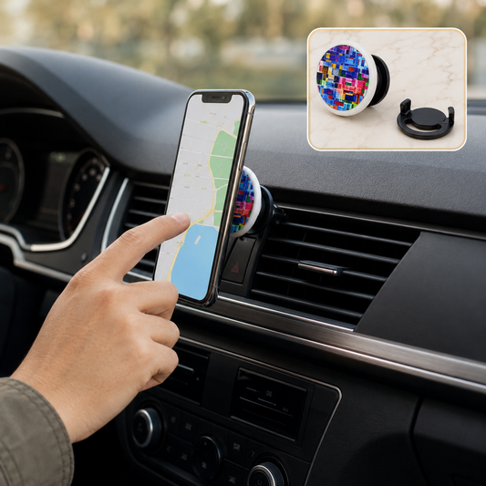 A hand adjusts a phone with a colorful geometric pop socket on a car vent mount, with an inset of the pop socket and mount.