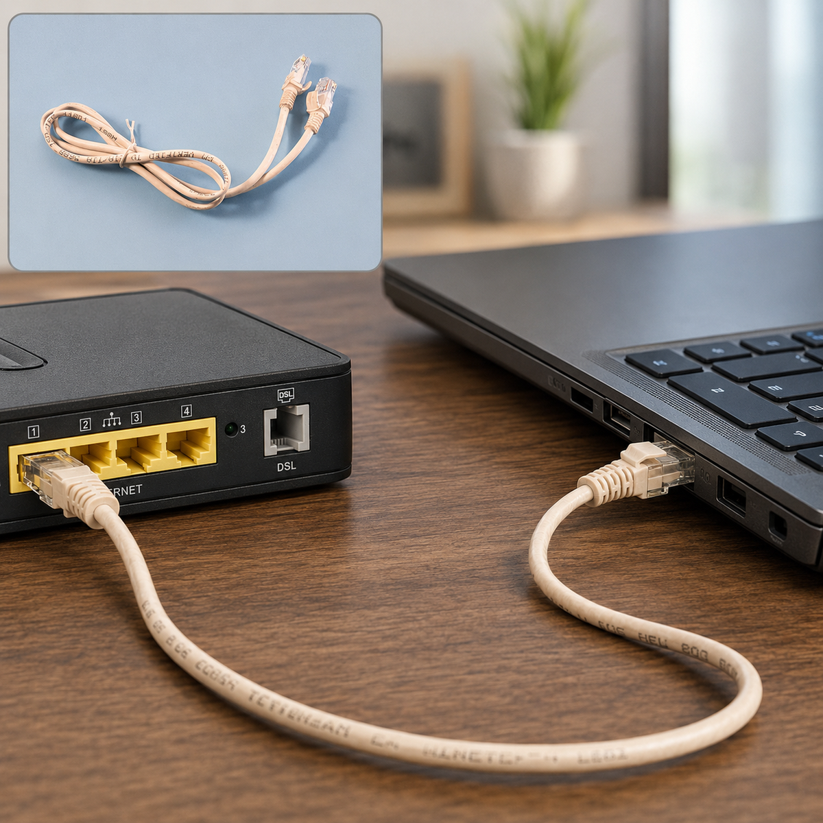 A white ethernet cable connects a black router to a laptop, with a coiled cable shown in the top left inset.