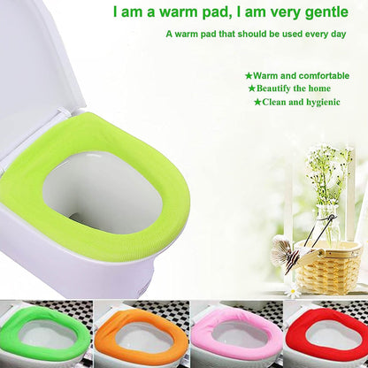 A green soft fabric toilet seat cover on a white toilet with text highlighting its warmth and comfort benefits.