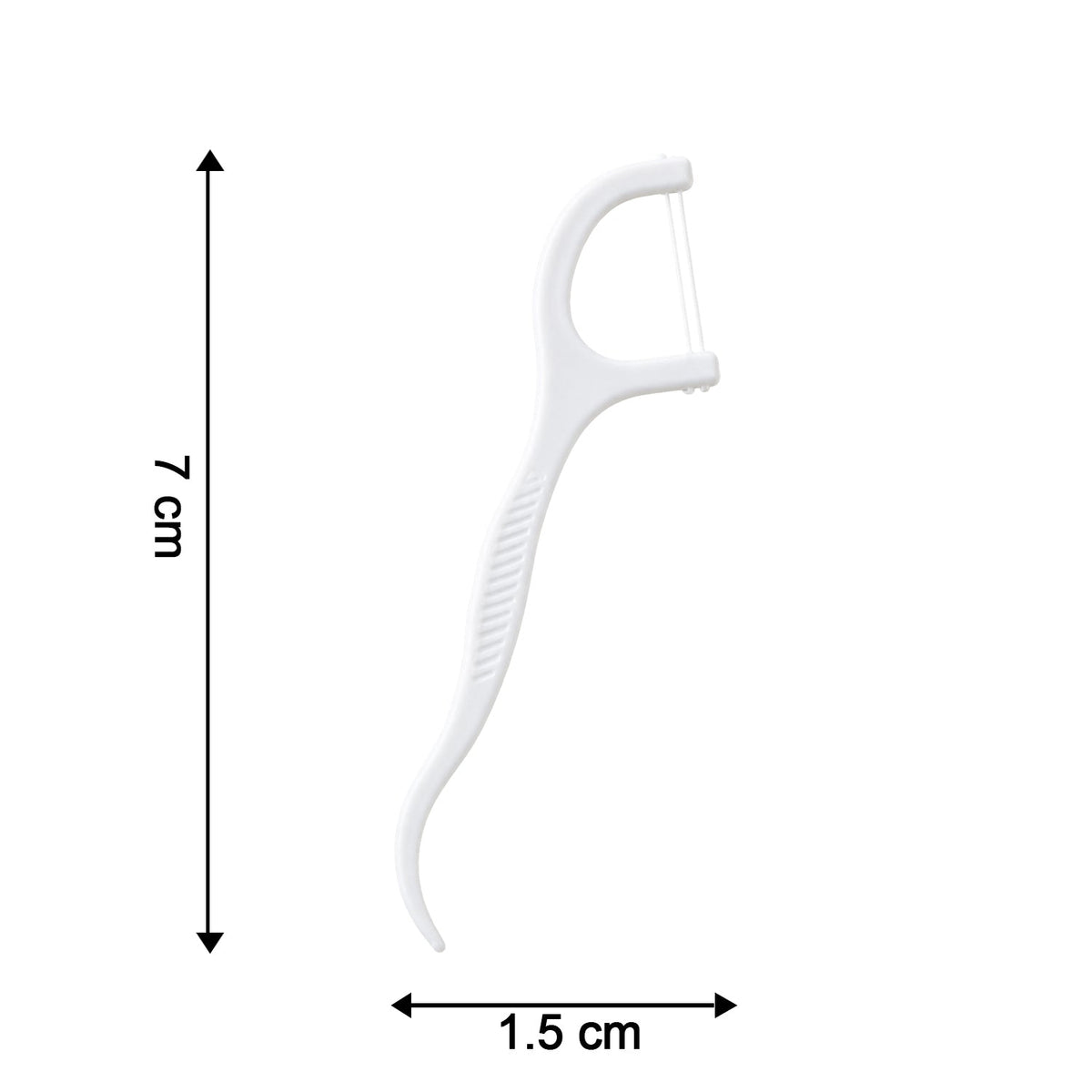 A white dental floss pick is shown with dimensions: 7 cm in length and 1.5 cm in width.