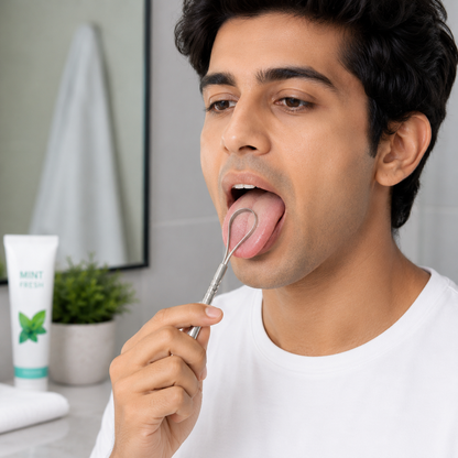 A man in a white t-shirt uses a silver metal tongue cleaner in a bathroom setting.