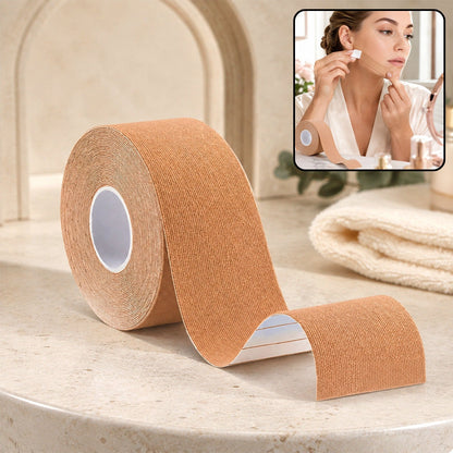 A roll of tan face lifting tape sits on a marble counter, with an inset showing a woman applying small pieces to her face.
