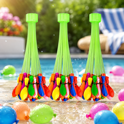 Three bunches of colorful self-tying water balloons with green nozzles, by a swimming pool on a sunny day.