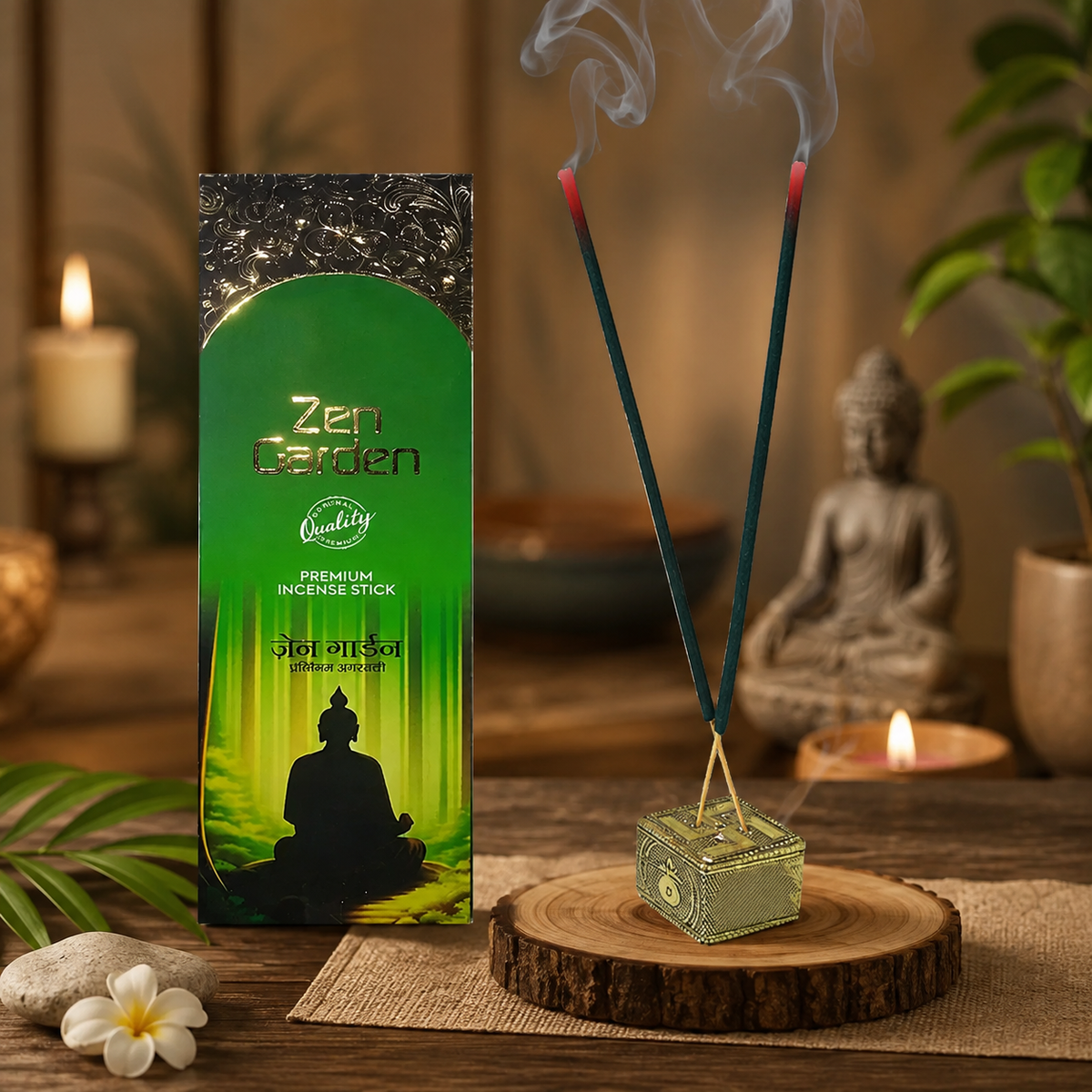 Two smoking green incense sticks in a gold holder next to a green box and a Buddha statue.