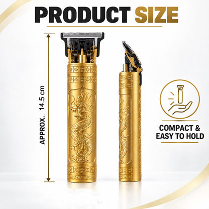 Two views of the gold dragon-patterned hair trimmer show its 14.5 cm height and compact design for easy handling.