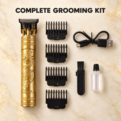 A gold dragon-patterned hair trimmer, four black guide combs, a USB charging cable, a cleaning brush, and oil are arranged