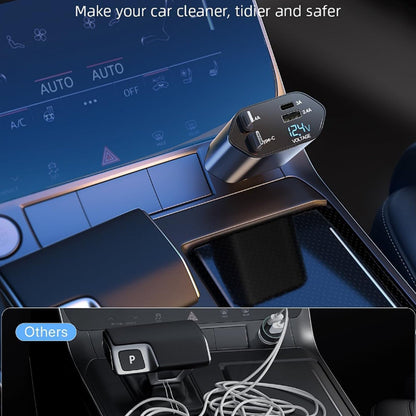The car charger plugged into a car's console, positioned above a comparison image showing a messy car interior with tangled