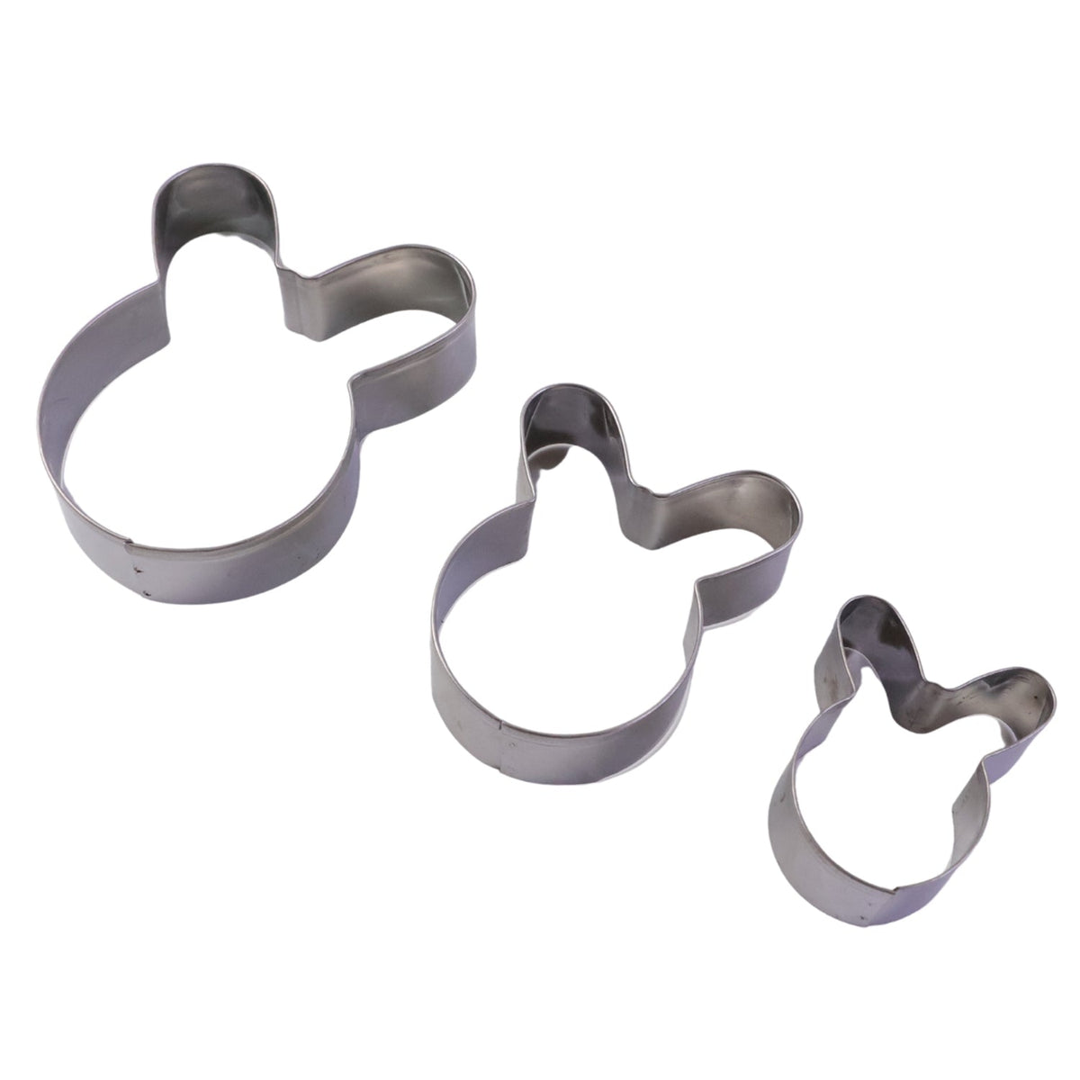 Three stainless steel bunny-shaped cookie cutters in various sizes presented on a clean white background.