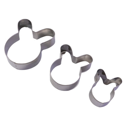 Three stainless steel bunny-shaped cookie cutters in various sizes presented on a clean white background.