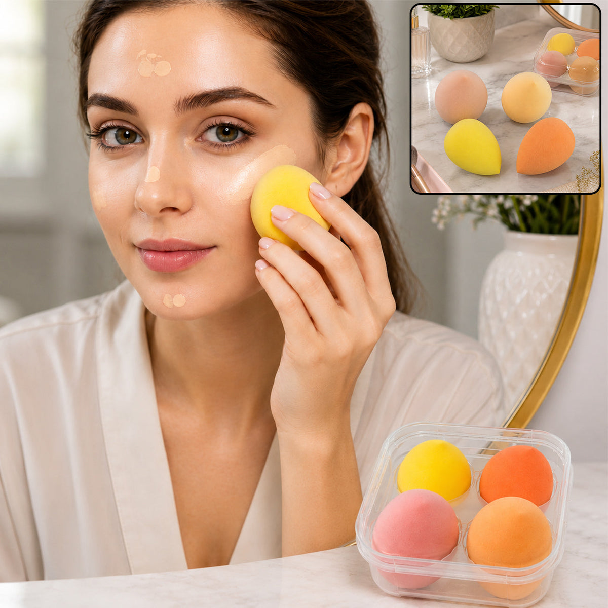 A woman applies foundation with a yellow teardrop sponge, with a clear case of four sponges in the corner.