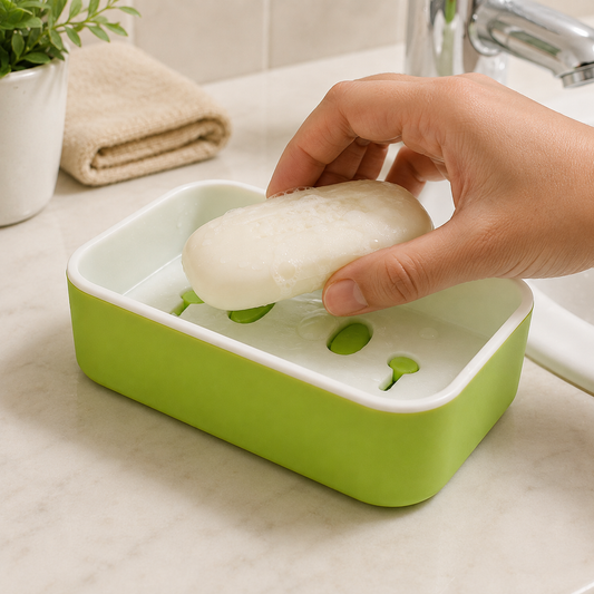 A hand places a bar of white soap into a green and white soap dish with a draining design.