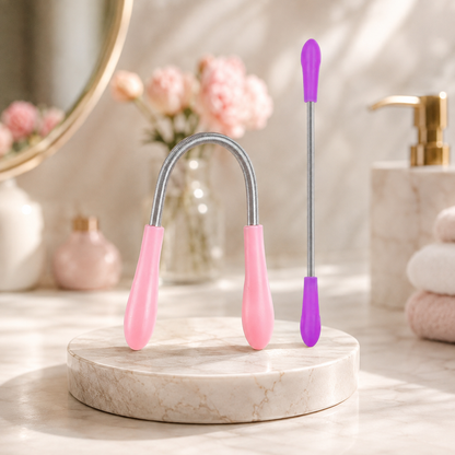 A pink and silver facial hair remover spring tool and a purple and silver facial hair remover stick on a marble stand.