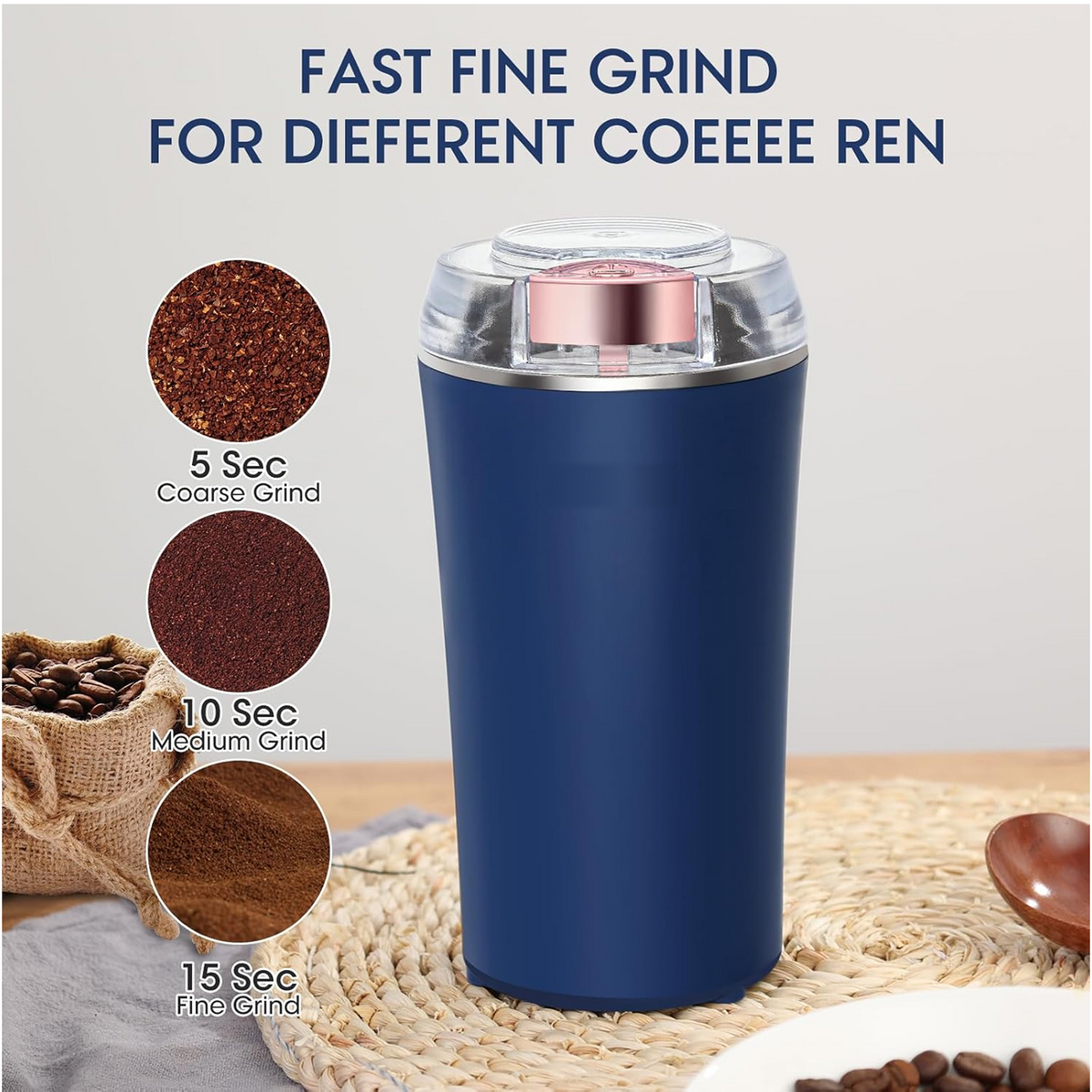 A dark blue electric grinder is shown with three circles illustrating different grind consistencies: coarse, medium, and