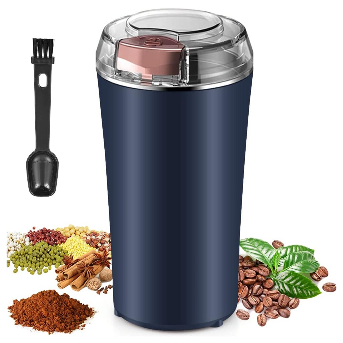 A dark blue electric grinder with a clear lid, a cleaning brush, coffee beans, spices, and ground coffee are displayed.