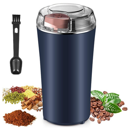 A dark blue electric grinder with a clear lid, a cleaning brush, coffee beans, spices, and ground coffee are displayed.