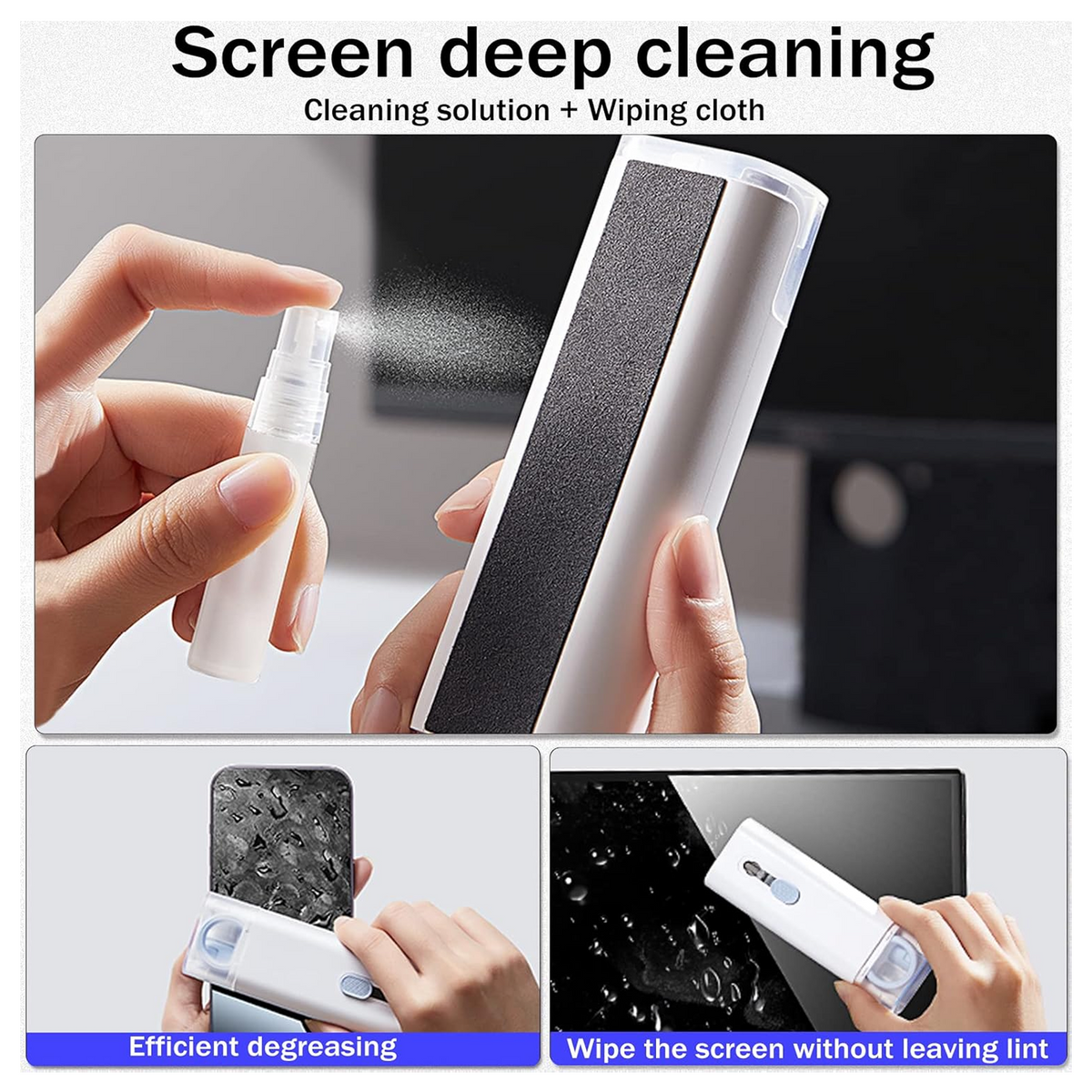 Hands demonstrating the screen cleaning function of the white and black cleaning kit on a phone and monitor.