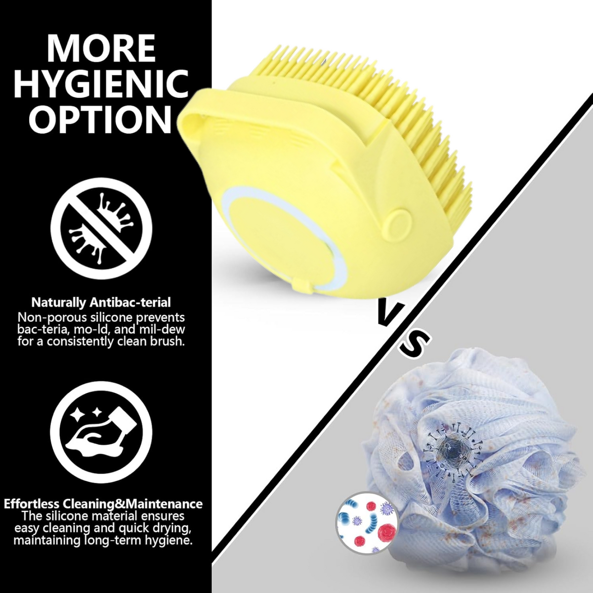 A yellow silicone bath brush is shown next to a blue bath pouf, highlighting hygienic differences.