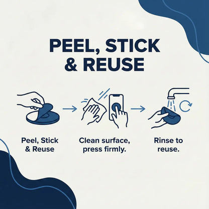 An infographic showing how to peel, stick, clean, and rinse the silicone suction phone holder.