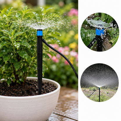A black and blue water dripper spraying water onto a potted plant, with two circular insets showing close-ups of water spray.
