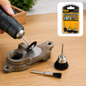 A hand holds a drill with a black nylon brush attachment cleaning a metal part, with the product packaging in the top right.