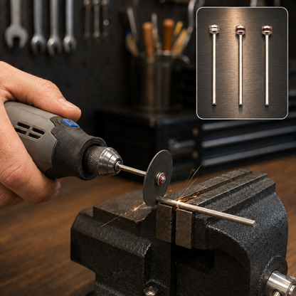 A hand holding a rotary tool with a silver mandrel and red cut-off wheel sparks against a metal rod in a vise.