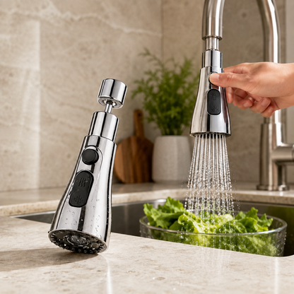 A chrome faucet sprayer head with black buttons sprays water into a bowl of lettuce next to another sprayer head.