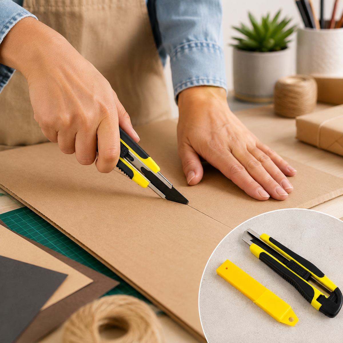 Hands using a yellow and black utility knife to cut a line in a piece of cardboard on a green mat.