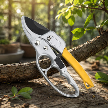Silver and yellow pruning shears with black blades resting on a tree branch in a garden setting.