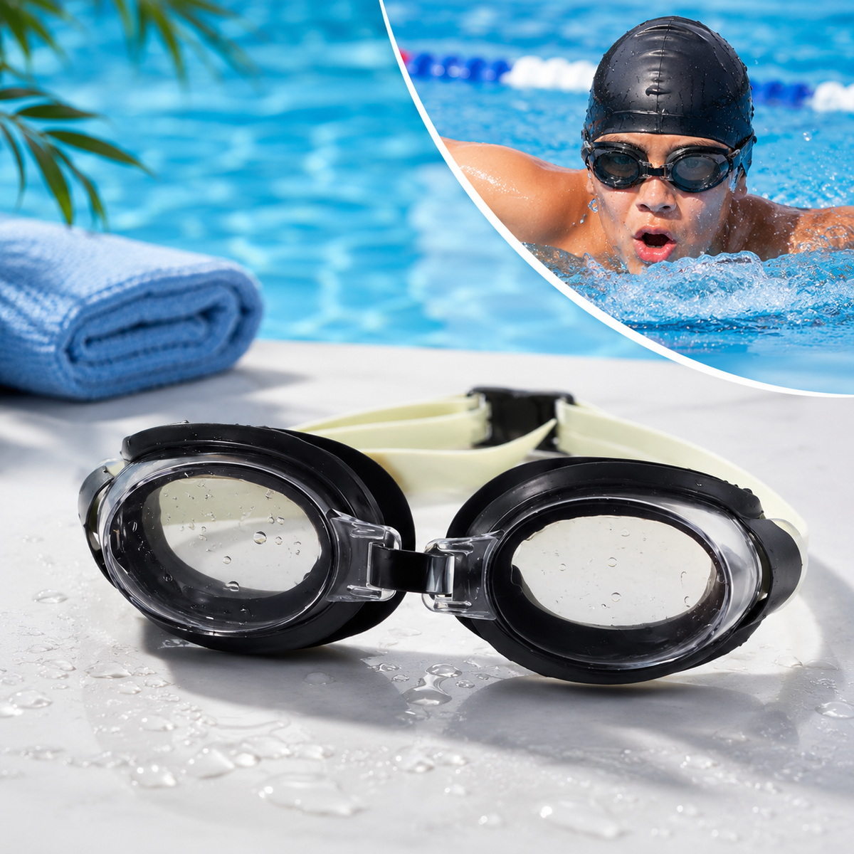 Black and clear swimming goggles with a beige strap on a wet surface, with a swimmer in the background.