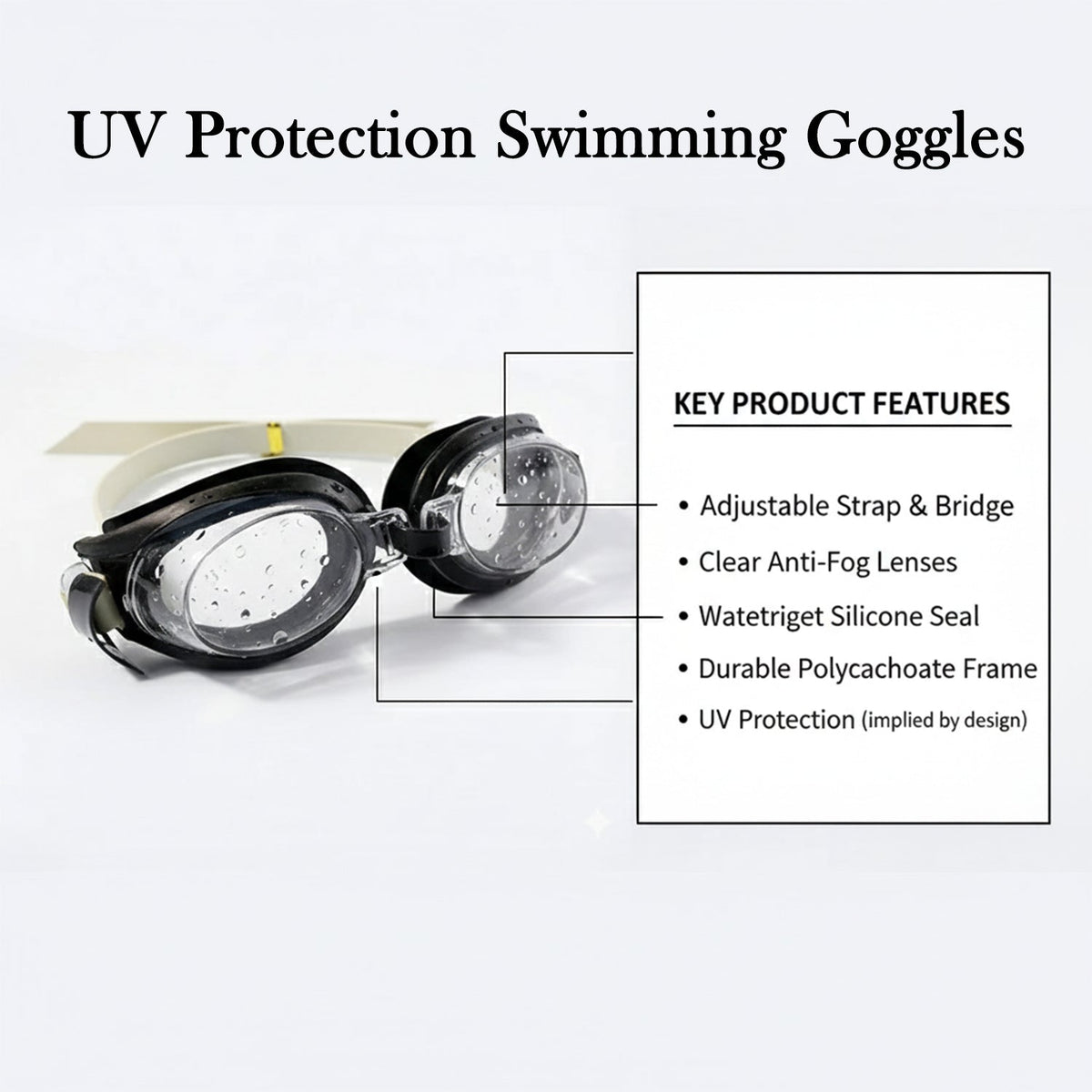 Black and clear swimming goggles with a beige strap on a white background, next to a list of key product features.