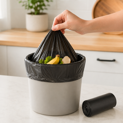 A hand pulling a black garbage bag full of food scraps out of a light gray trash can on a kitchen counter.