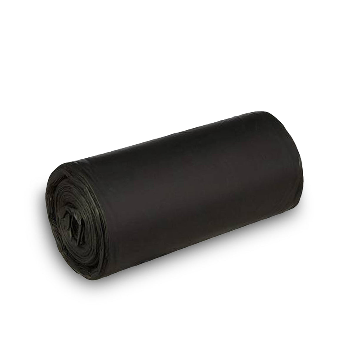 A single roll of black garbage bags lies diagonally on a white background.