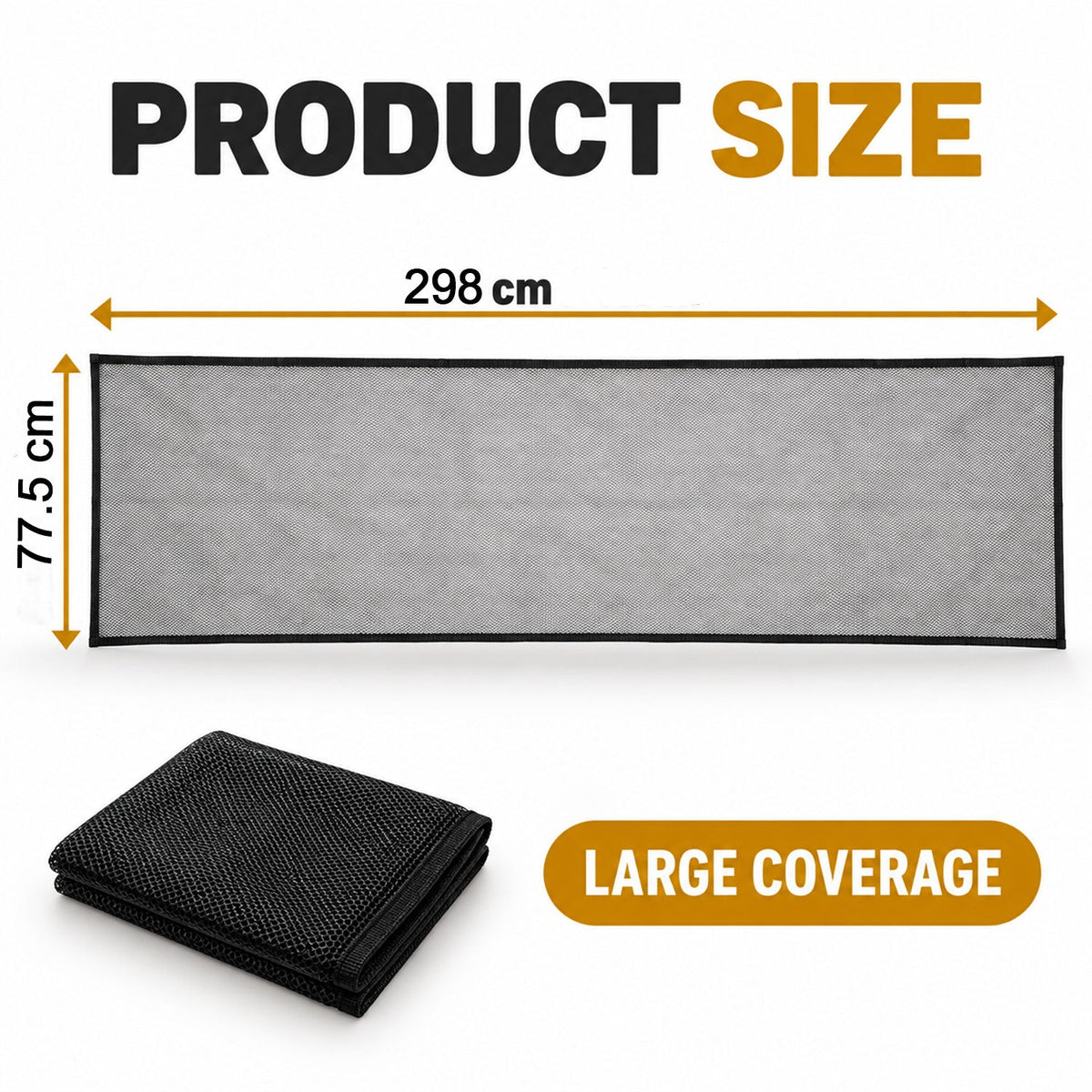 A black mesh safety net is displayed flat with its dimensions, 298 cm long and 77.5 cm wide, next to a folded net.