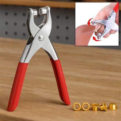 Red-handled grommet pliers on a wooden surface with four gold eyelets and a close-up of the pliers in use.