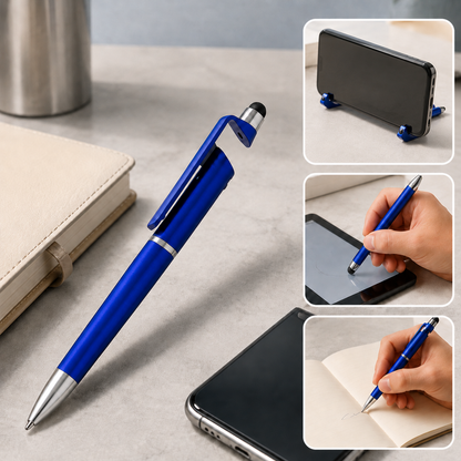 A blue 3-in-1 stylus pen with a phone stand feature, shown with a phone, tablet, and notebook.